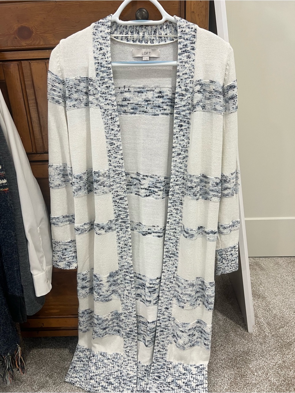 LOFT Cream & Navy Marled Stripe Open-Front Long Cardigan